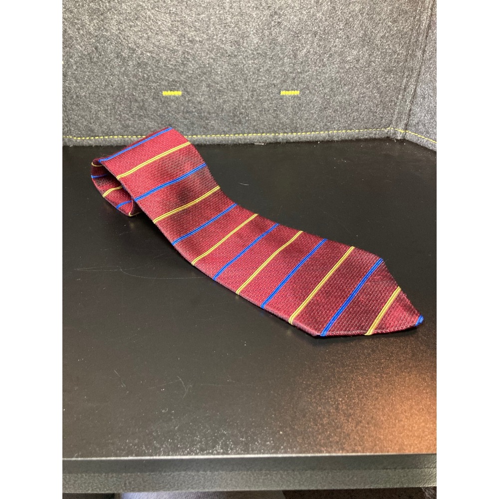 Tommy Hilfiger‎ Mens 100% Imported Silk Necktie Burgundy Blue Yellow Striped USA